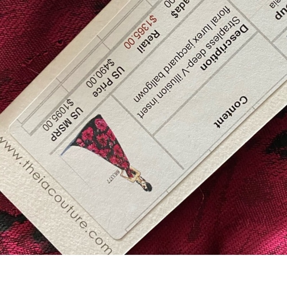 Theia strapless deep -V illusion insert floral lurex jacquard long ballGown - Picture 7 of 10